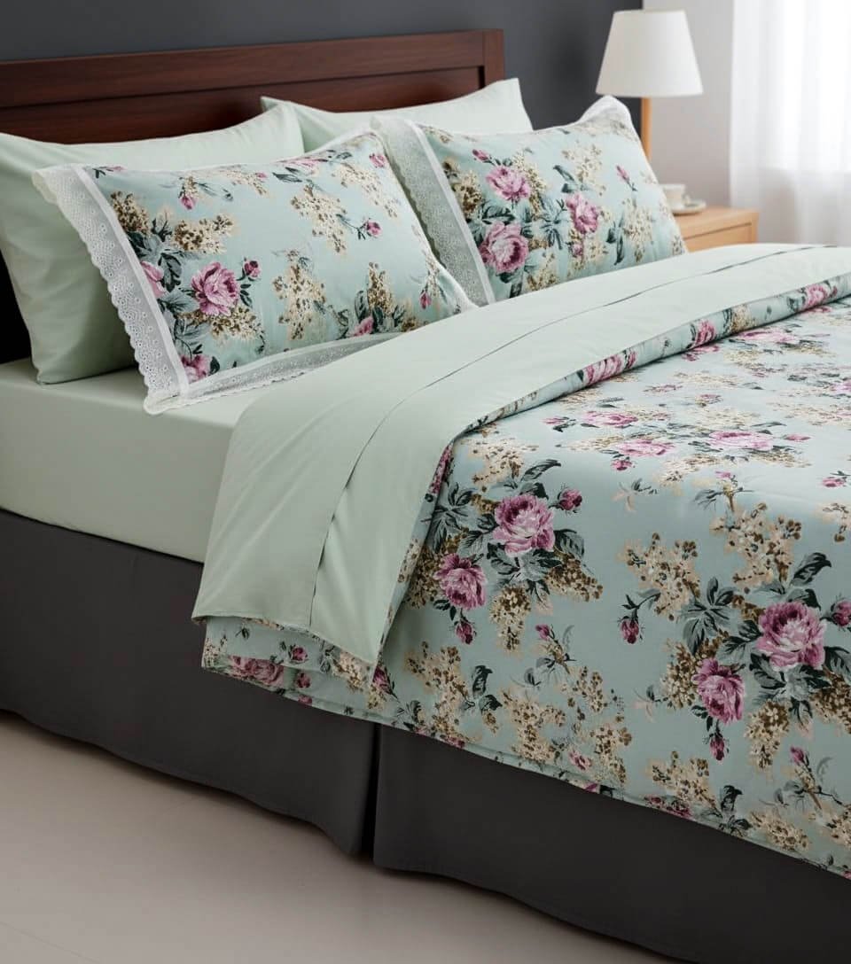 Exquisite floral print in pink on green pure cotton double bedsheet and two pillow covers decorated with beautiful double lace