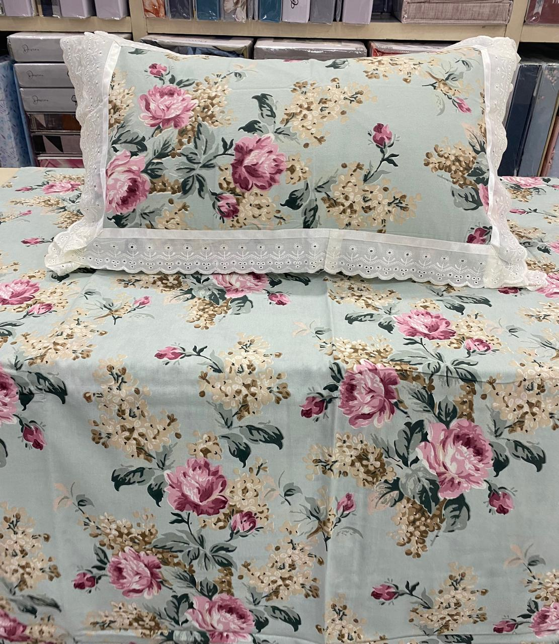 green_pink_floral_lace_frill_cotton_bedsheet