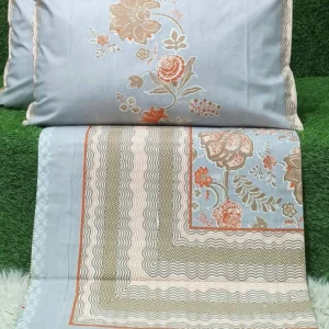 grey_orange_floral_double_bedsheet_cotton