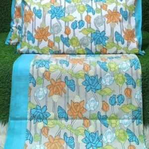 Exquisite floral print in orange, pink and green on grey premium cotton double bedsheet and two pillow covers