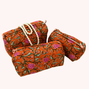 Exquisite quilted pouch bags (set of three)  pure cotton in  floral print on orange
