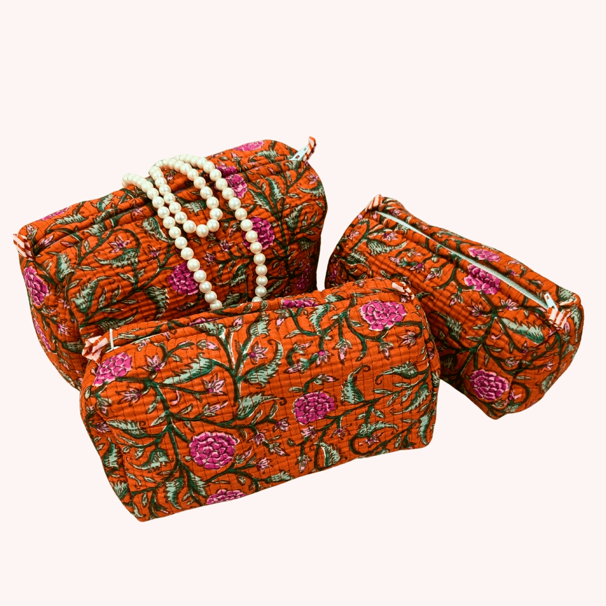 Exquisite quilted pouch bags (set of three) pure cotton in floral print on orange - Image 2