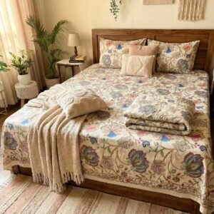Bedsheet and dohar set in cotton in beautiful floral print on light yellow