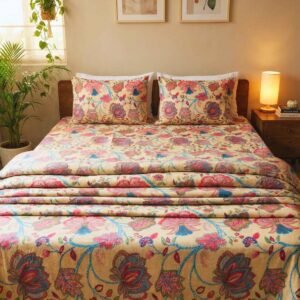 Bedsheet and dohar set in cotton in beautiful floral print on lovely yellow