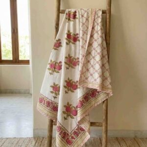 Exquisite pure cotton mulmul pair of single handblock dohars with inner layer in flannel in beautiful magenta and green on white