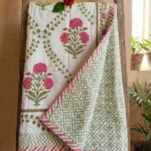 Exquisite pure cotton mulmul pair of single handblock dohars with inner layer in flannel in beautiful magentanand green on white