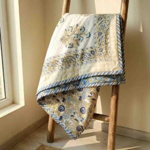 Exquisite pure cotton mulmul pair of single handblock dohars with inner layer in flannel in beautiful blue and yellow on white