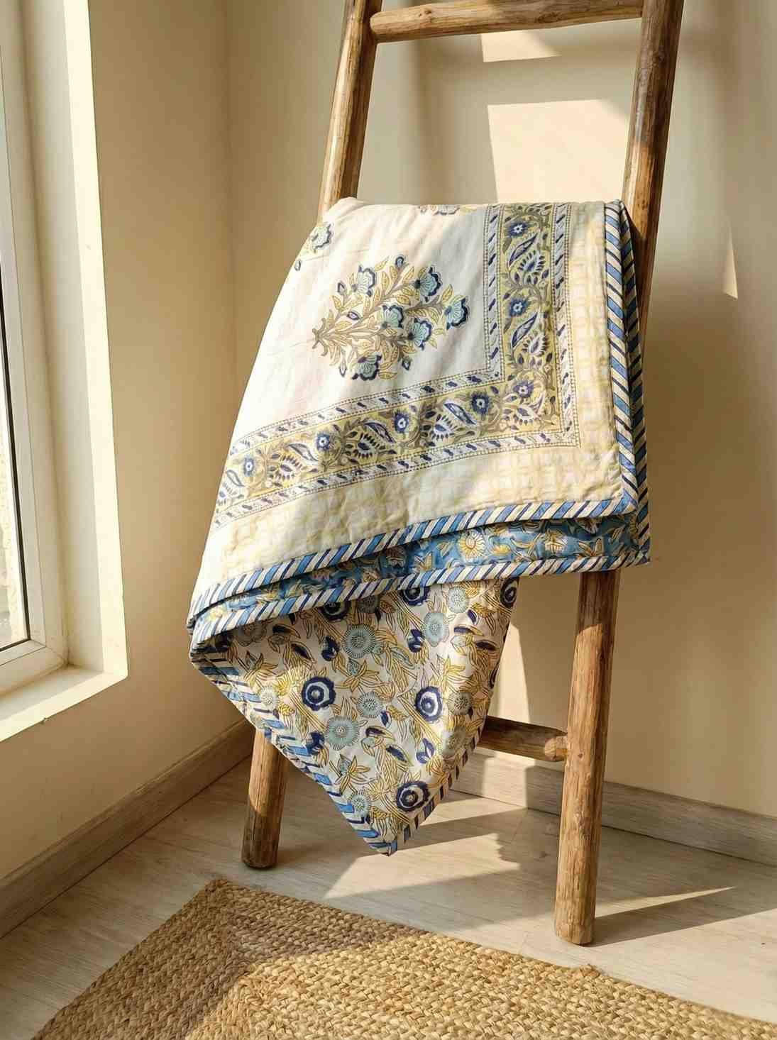 Exquisite pure cotton mulmul pair of single handblock dohars with inner layer in flannel in beautiful blue and yellow on white - Image 2
