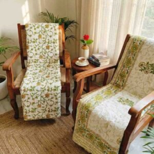 A pair of two single beautiful exquisite jaipur razais in floral booti and jaal design on premium cotton mulmul in mustard and green on white