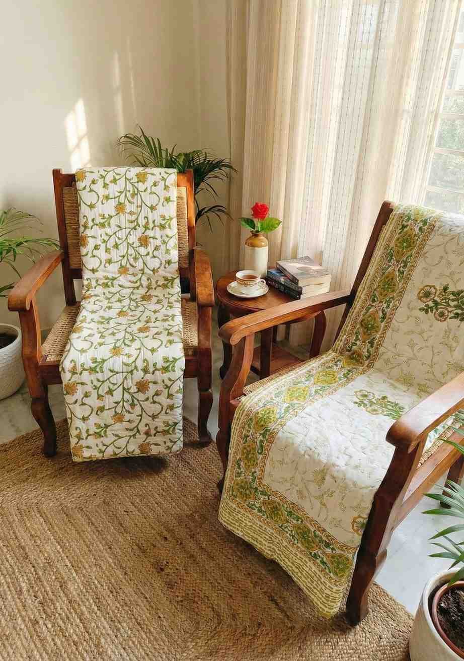 A pair of two single beautiful exquisite jaipur razais in floral booti and jaal design on premium cotton mulmul in mustard and green on white