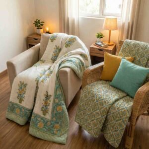 A pair of two single beautiful exquisite jaipur razais in floral booti and jaal design on premium cotton mulmul in turquoise, mustard and white