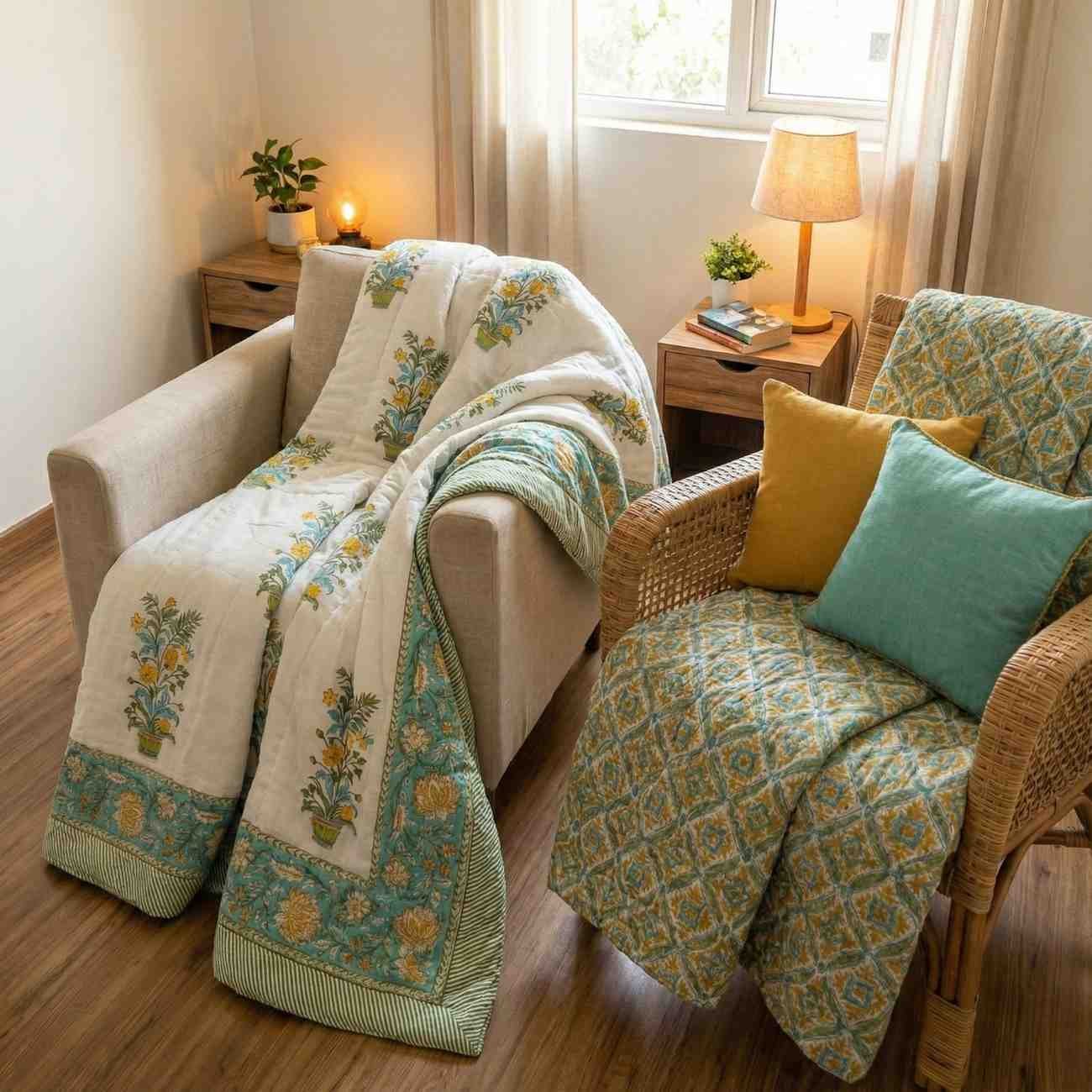 A pair of two single beautiful exquisite jaipur razais in floral booti and jaal design on premium cotton mulmul in turquoise, mustard and white