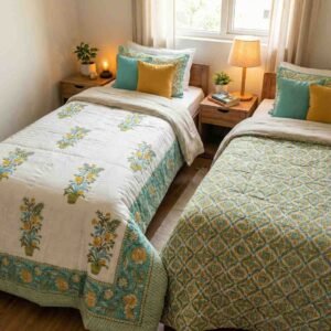 A pair of two single beautiful exquisite jaipur razais in floral booti and jaal design on premium cotton mulmul in turquoise, mustard and white