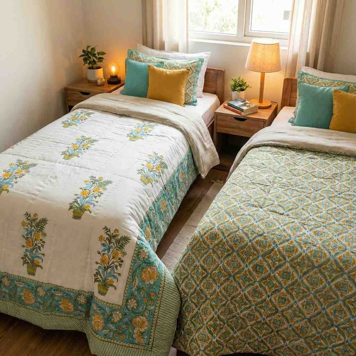 A pair of two single beautiful exquisite jaipur razais in floral booti and jaal design on premium cotton mulmul in turquoise, mustard and white