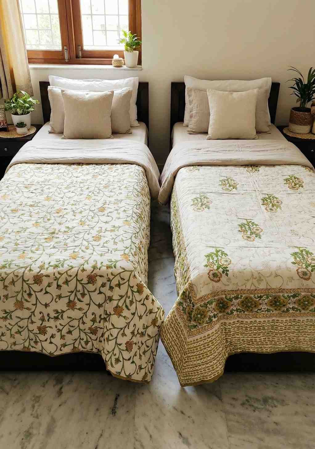 A pair of two single beautiful exquisite jaipur razais in floral booti and jaal design on premium cotton mulmul in mustard and green on white