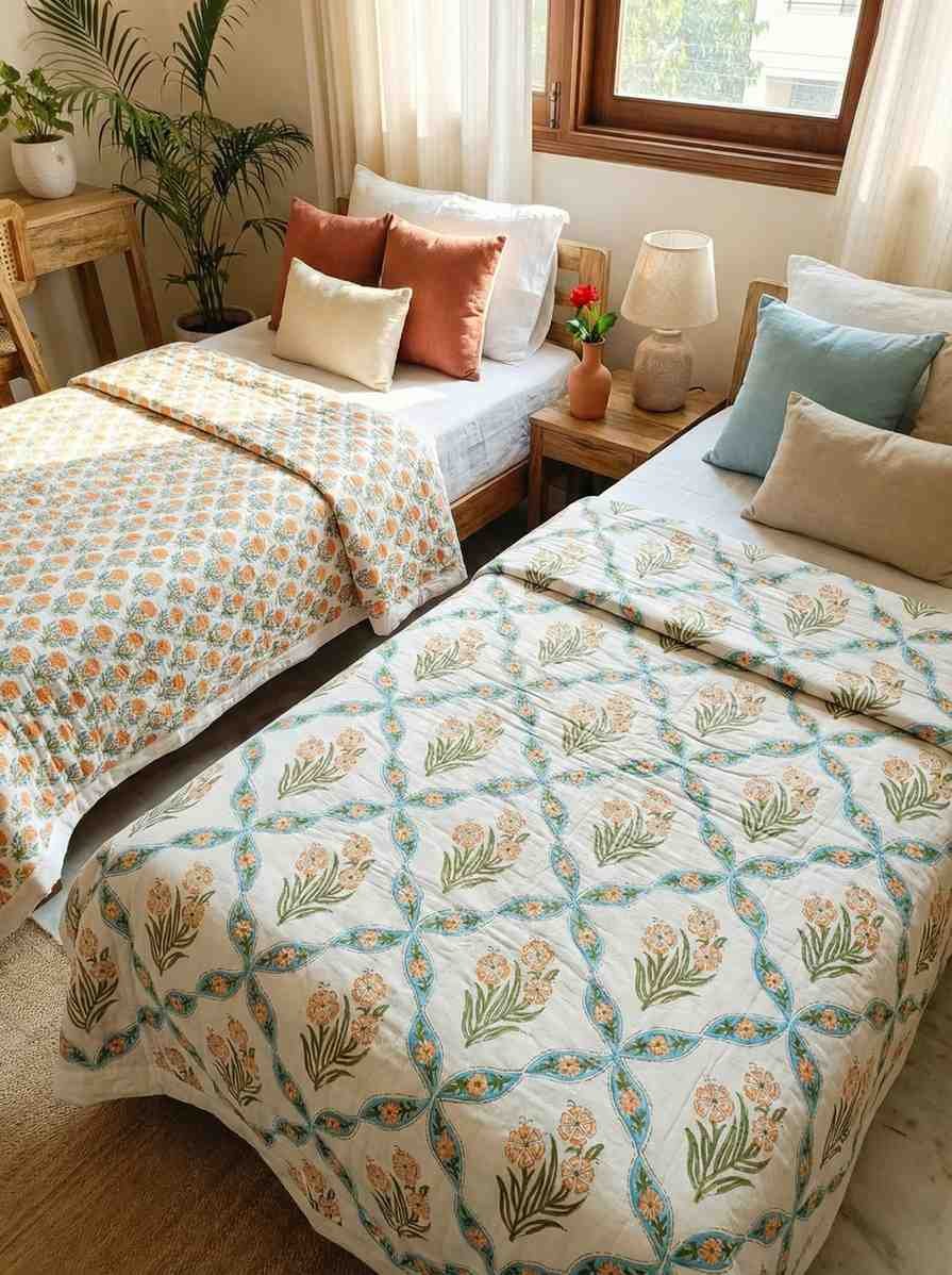 A pair of two single beautiful exquisite jaipur razais in floral booti and jaal design on premium cotton mulmul in orange and turquoise on white