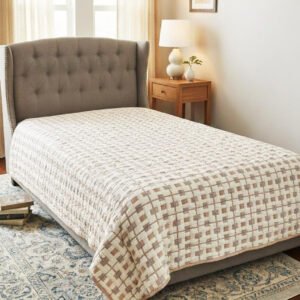 A beautiful exquisite  timeless razai  cum bedcover cum throw in cotton in beige, cream and blue