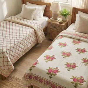 Exquisite pure cotton mulmul pair of single handblock dohars with inner layer in flannel in beautiful magenta and green on white