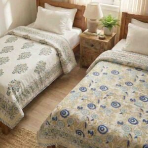 Exquisite pure cotton mulmul pair of single handblock dohars with inner layer in flannel in beautiful blue and yellow on white