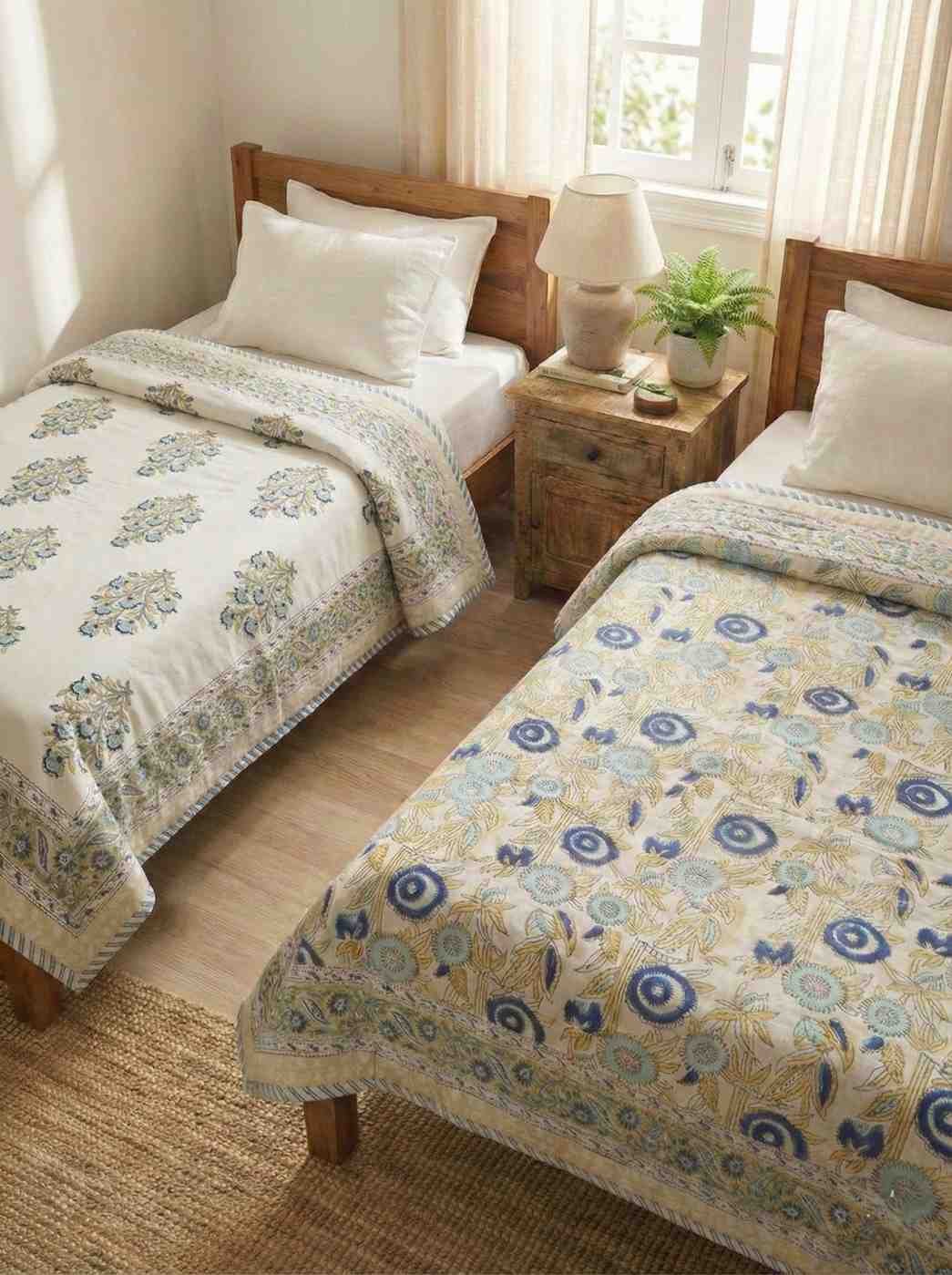 Exquisite pure cotton mulmul pair of single handblock dohars with inner layer in flannel in beautiful blue and yellow on white