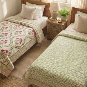 Exquisite pure cotton mulmul pair of single handblock dohars with inner layer in flannel in beautiful magentanand green on white