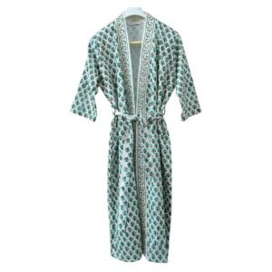 Exquisite handblock booti print in turquoise and green on white waffle cotton unisex bathrobe