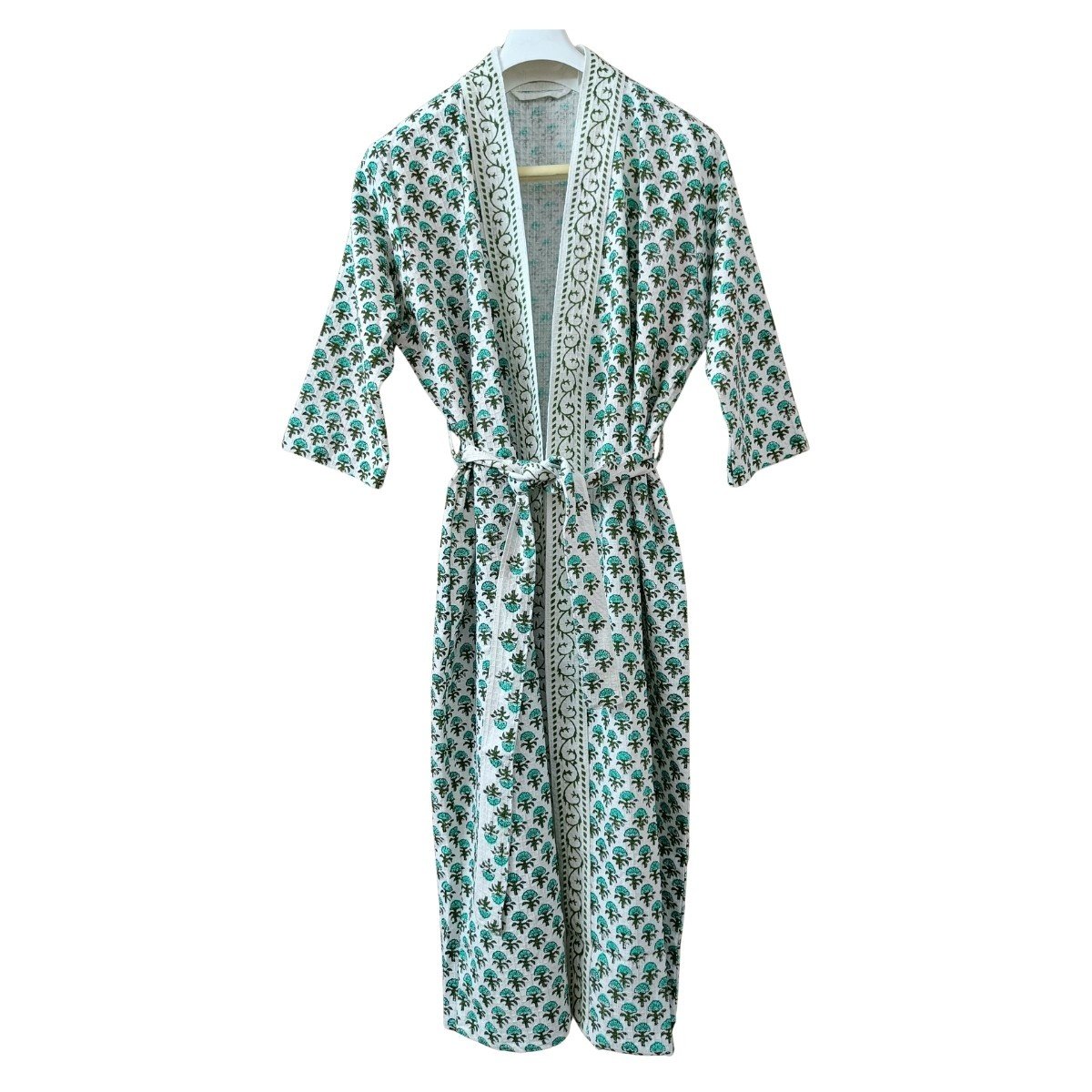 Exquisite handblock booti print in turquoise and green on white waffle cotton unisex bathrobe - Image 2