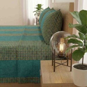 Elegant mustard and dark turquoise honeycomb design striped on cotton handloom double bedsheet with two pillow covers
