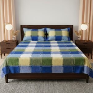Elegant blue, yellow and white checkboard checkered cotton handloom double bedsheet with two pillow covers