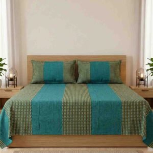 Elegant mustard and dark turquoise honeycomb design striped on cotton handloom double bedsheet with two pillow covers