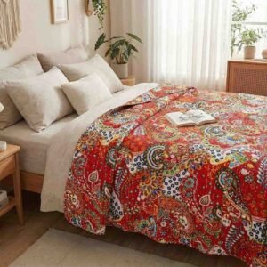 Beautiful print in multicolours on red kantha work double-bed bedcover in pure cotton