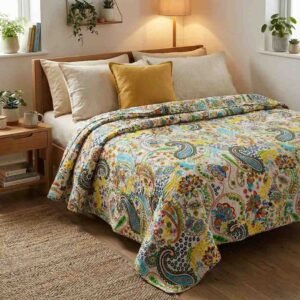 Beautiful print in multicolours on white kantha work double-bed bedcover in pure cotton