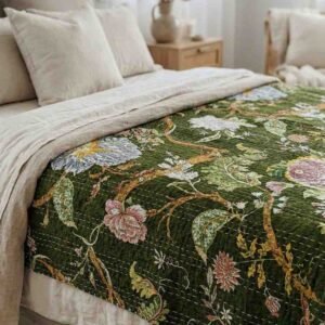 Beautiful print in multicolours on dark green kantha work double-bed bedcover in pure cotton