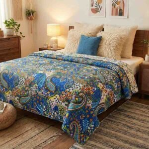 Beautiful print in royal blue kantha work double-bed bedcover in pure cotton