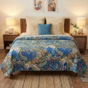Beautiful print in royal blue kantha work double-bed bedcover in pure cotton