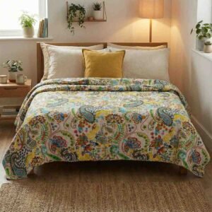 Beautiful print in multicolours on white kantha work double-bed bedcover in pure cotton