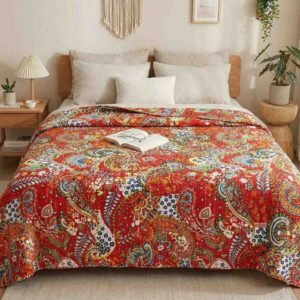 Beautiful print in multicolours on red kantha work double-bed bedcover in pure cotton