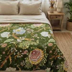 Beautiful print in multicolours on dark green kantha work double-bed bedcover in pure cotton