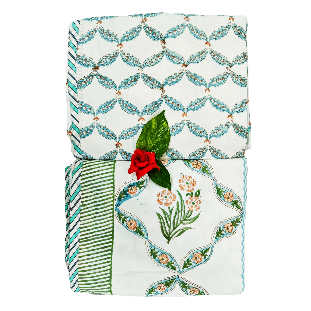 Exquisite pure cotton mulmul pair of single handblock dohars with inner layer in flannel in beautiful turquoise and orange on white - Image 3