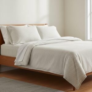 Exquisite grey and white thin stripes pure cotton double bedsheet and two pillow covers