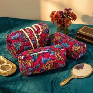 Exquisite quilted pouch bags (set of three)  pure cotton in shades of magenta and blue