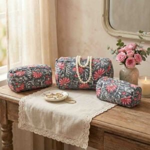 Exquisite quilted pouch bags (set of three)  pure cotton in shades of pink and green
