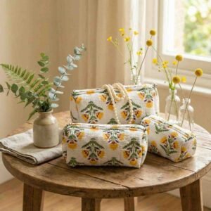 Exquisite quilted pouch bags (set of three)  pure cotton in shades of yellow on cream