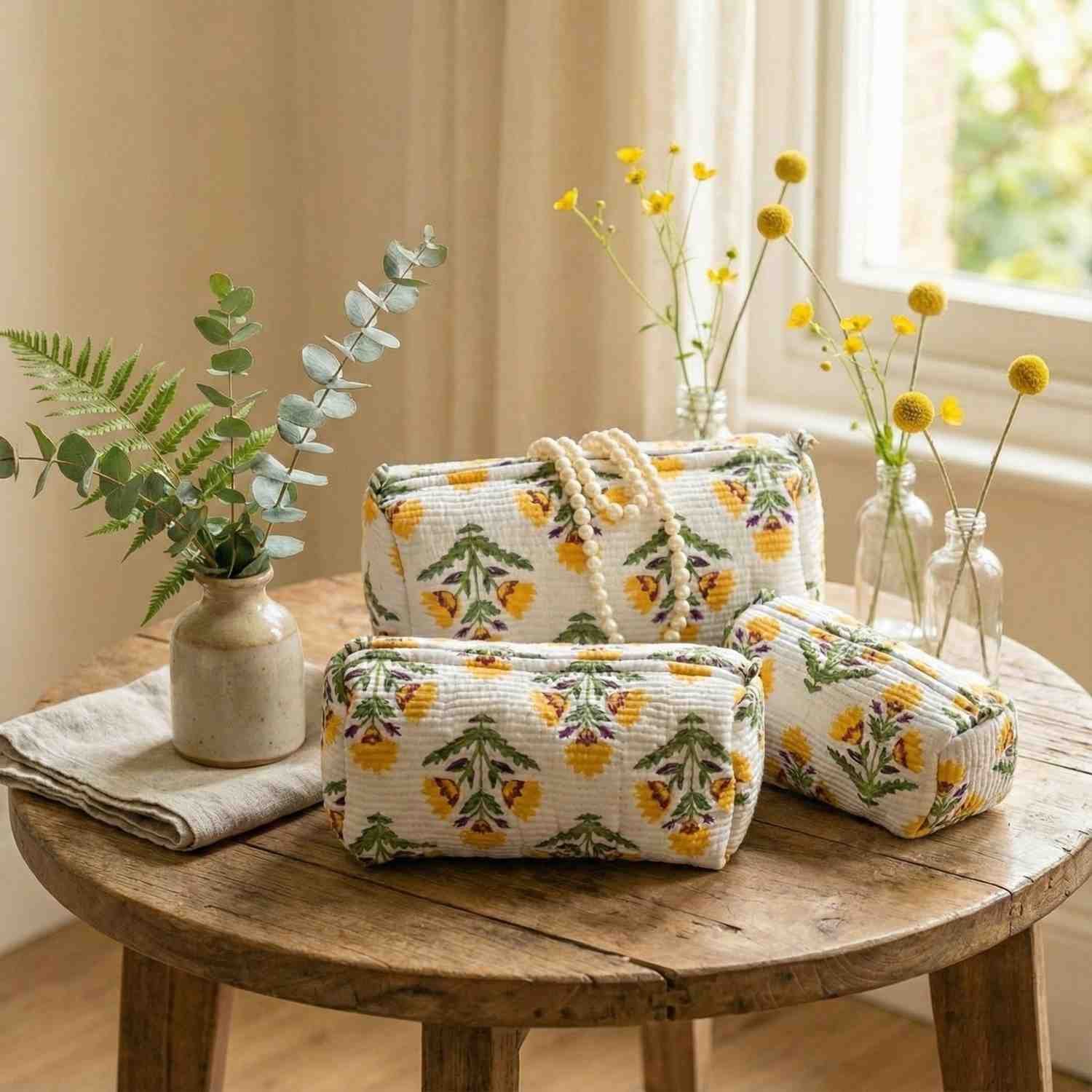 Exquisite quilted pouch bags (set of three) pure cotton in shades of yellow on cream