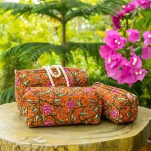 Exquisite quilted pouch bags (set of three)  pure cotton in  floral print on orange