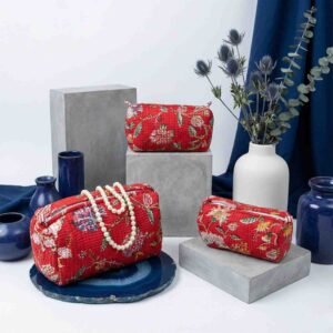 Exquisite quilted pouch bags (set of three)  pure cotton in shades of red, yellow and green