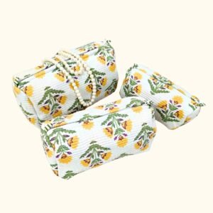 Exquisite quilted pouch bags (set of three)  pure cotton in shades of yellow on cream