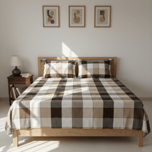 Elegant brown, beige, peach and white checkboard checkered cotton handloom double bedsheet with two pillow covers