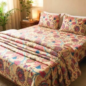 Bedsheet and dohar set in cotton in beautiful floral print on lovely yellow