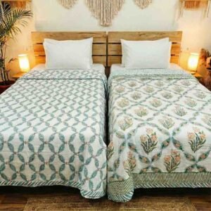 Exquisite pure cotton mulmul pair of single handblock dohars with inner layer in flannel in beautiful turquoise and orange on white